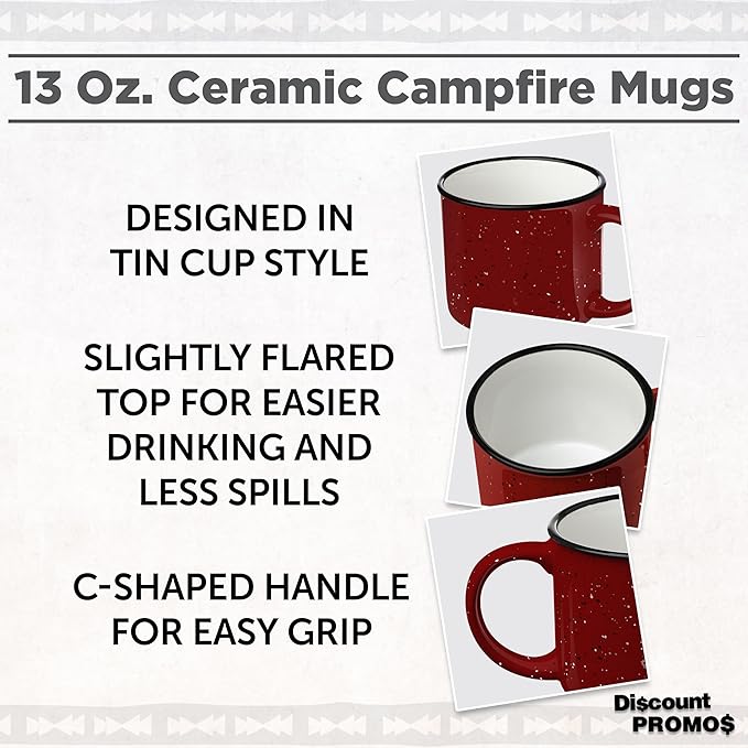 DISCOUNT PROMOS Ceramic Campfire Coffee Mugs 13 oz. Set of 10, Bulk Pack - Perfect for Tea, Espresso, Cappuccino, Hot Cocoa - Red