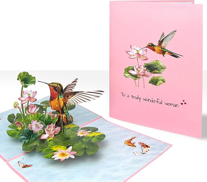 Pop Up Birthday Cards for Women, Hummingbird 3D Birthday Card, Beautiful Hummingbird and Lotus with Koi Fish Design, Pop Up Cards All Occasion for Mother, Mom, Her, Granmother and Daughter, Mothers Day Card