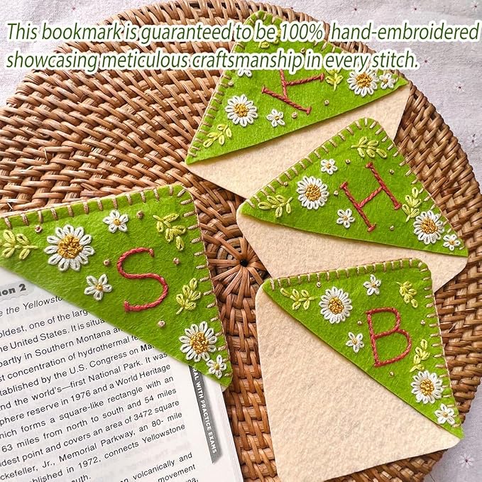 Personalized Hand Embroidered Corner Bookmark, Bookmarks for Women, Personalized Bookmark for Book Lovers, Cute Flower Book Mark by HNQCPCVU (N, Green)