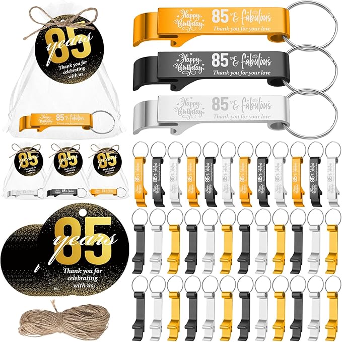 Dandat 54 Sets 85th Birthday Party Favors for Guests Birthday Opener Keychain Cheers to 85 Bottle Opener Keychain with Thank You Cards and Gift Bags for Anniversary Wedding Party Favors