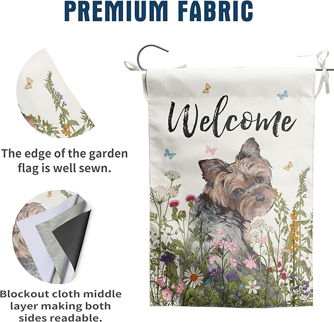 Floral Yorkie Garden Flag Spring Summer Yard Flag Flower Yorkshire Terrier Dog Garden Flags for Outside Small Outdoor Welcome Flags 12x18 Double Sided