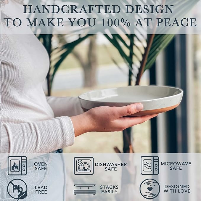 Mora Ceramic Flat Pasta Bowl Set of 4-35oz, Microwave Safe Plate with High Edge - Modern Porcelain Dinnerware for Kitchen and Eating, Large Wide Bowls/Plates for Serving Dinner, Salad, etc- Grey