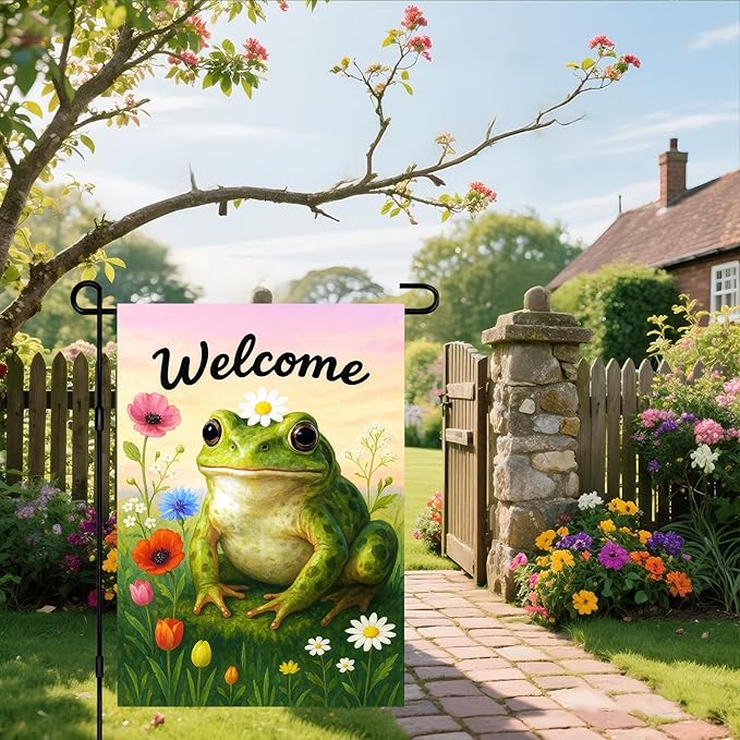 IVN Spring Garden Flag 12x18 Inch Double Sided Frog and Wildflower Meadow Scene Outdoor Yard Flag for Outside Front Door Lawn Porch Patio Welcome Decor
