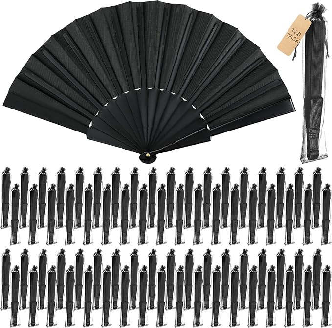 Wenqik 120 Pcs Wedding Folding Hand Fans Bulk Silk Fabric Chinese Handheld Foldable Clack Fans with Plastic Ribs for Party, Wedding Gifts, Line Dancing, Home Decorative (Black)
