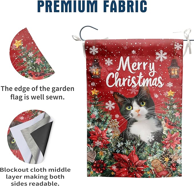 Christmas Cat Garden Flag Merry Christmas Tuxedo Cat Yard Flag for Outside Xmas Flags 12x18 Double Sided Red Poinsettia Garden Flags Winter Porch Outdoor Decor