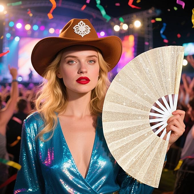 Blulu 4 Pcs 13 Inch Large Folding Hand Fans for Line Dancing Big Clapping Popping Raves Fans Bulk for Dancing Boots on The Ground Festival Party Decoration(Classic Style, Gold)