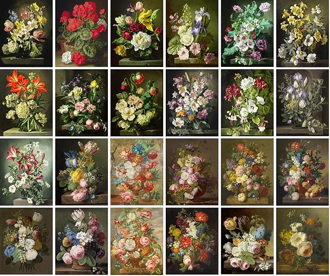 PIXILUV Vintage PostCards 24 pcs WILD FLOWERS STILL LIFE Antique Museum Painting Art by Jan Retro Poster REPRINT