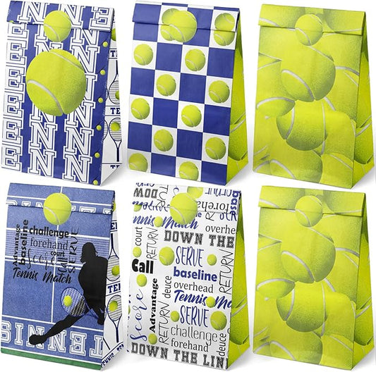 Tennis Party Favor Bags for Kids – 24 Pcs Tennis Gift Bags with 5 Designs, Paper Goodie Bags for Sports Theme Birthday Party Decorations and Supplies