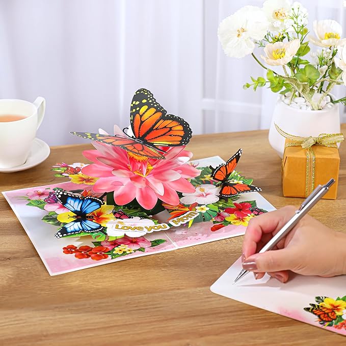 Pop Up Birthday Cards For Mom, Butterflies Love You Mom, 3D Monarch Butterfly, Beautiful Flowers, Birthday Cards, Ideal Gift For Mum, Wife, Godmother, Stepmom, Sister, Grandma, Mother in law, Wife
