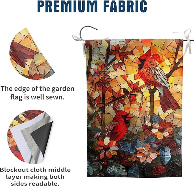 Stained Glass Cardinal Red Birds Garden Flag Spring Summer Yard Flag Fall Floral Decorative Flags for Outside 12x18 Double Sided Small Seasonal Lawn Flags Rustic Outdoor Decor
