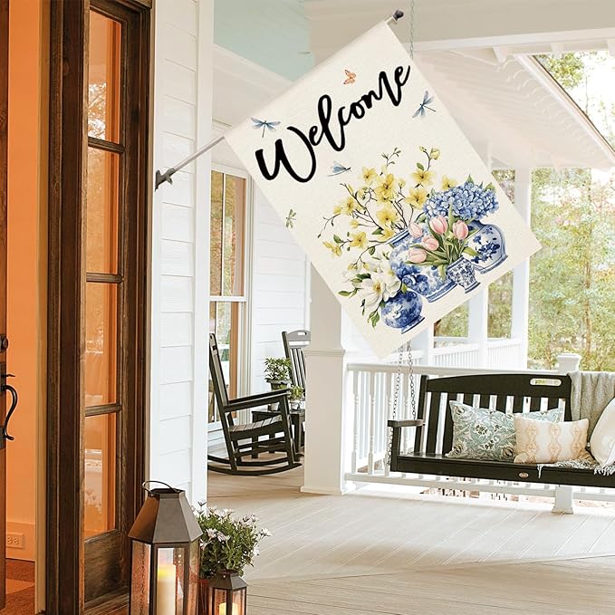 AVOIN colorlife Spring Summer Floral Welcome House Flag 28x40 Inch Double Sided Outside, Blue and White Chinoiserie Seasonal Yard Outdoor Flag