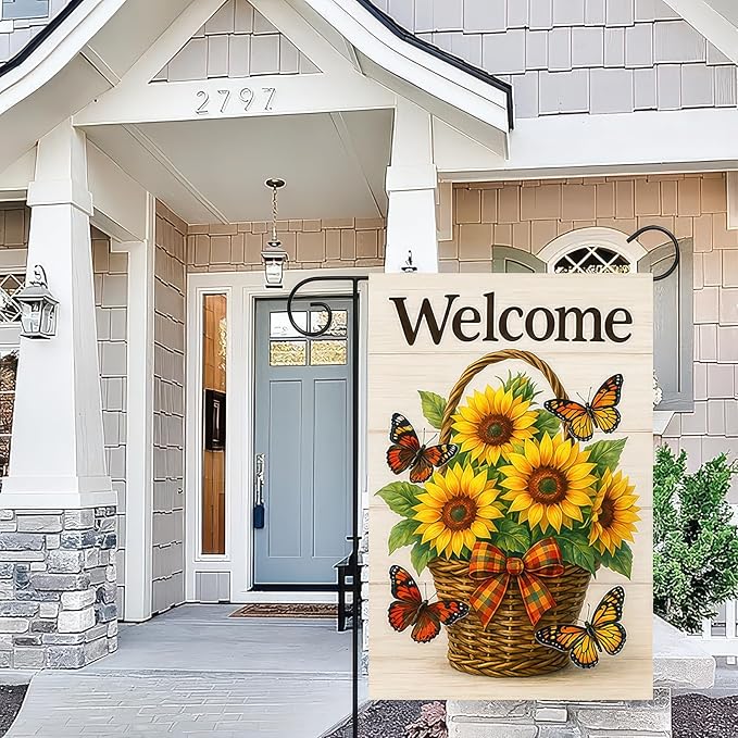 BlissYard Thanksgiving Fall Garden Flag 12x18 Inch Welcome Sunflower Flag Double Sided Outdoor Autumn Yard Banner Basket Butterflies for Porch Lawn Patio Seasonal Decor