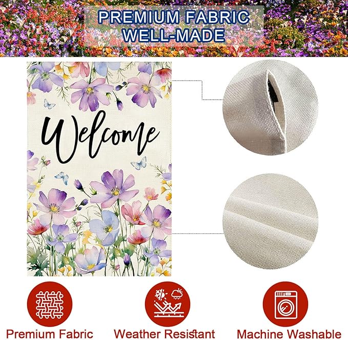 Baccessor Spring Summer Pansy Welcome House Flag 28 x 40 Inch Large Double Sided Burlap Butterflies Floral Flower Farmhouse Porch Flag Holiday Seasonal Outdoor Outside Decoration