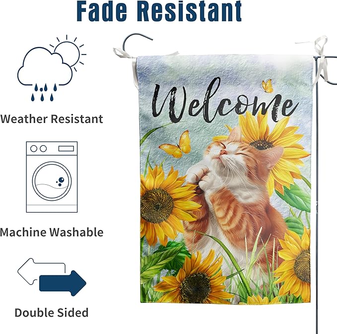 Sunflower Orange Cat Garden Flag Summer Spring Garden Flags for Outside Floral Cat Yard Flag Small Outdoor Welcome Flags 12x18 Double Sided