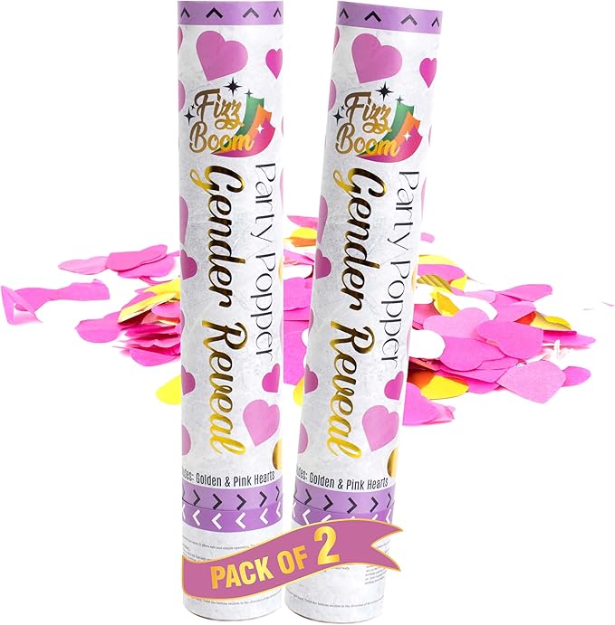 2 Pack Pink Heart-Shaped Confetti Poppers for Baby Gender Reveal | Pink Paper and gold mylar Baby Girl Party Supplies