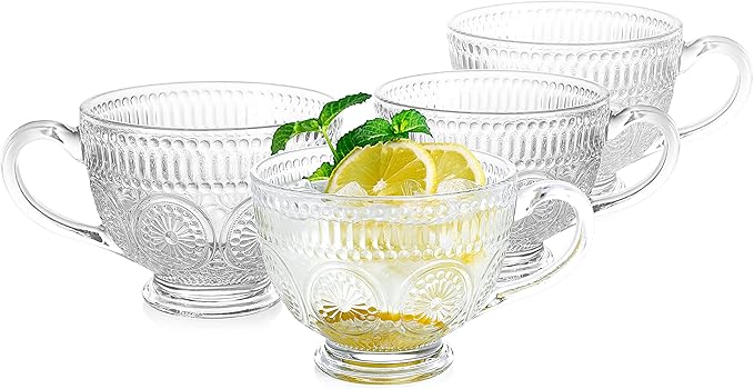 LUXU Vintage Glass Coffee Tea Mugs(Set of 4)-Wide Mouth-16 oz-Large Coffee Tea Cups,Clear Glass Breakfast Soup Mugs,Lead-free Drinking Glassware for Water,Milk,Cappuccino,Dessert,Beverages