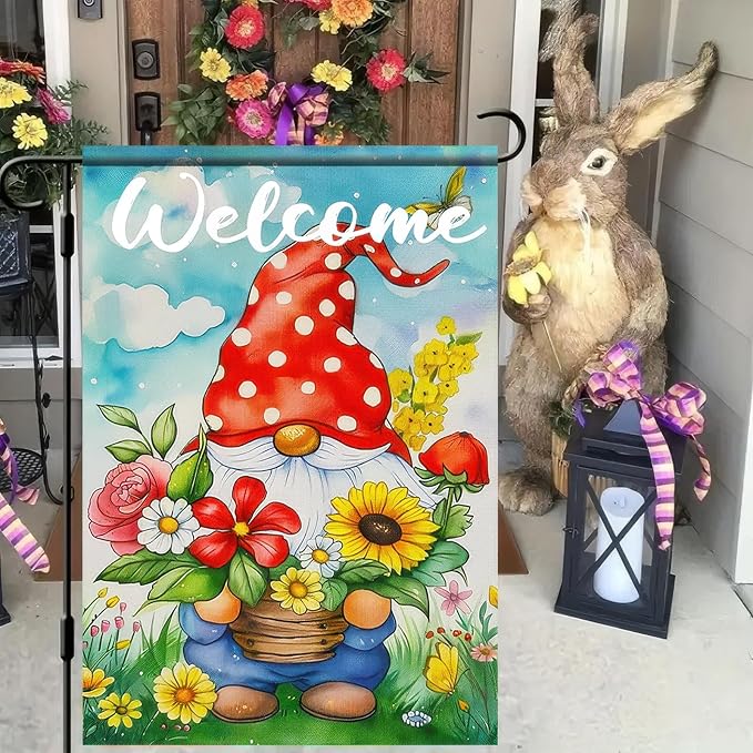 BlissYard Easter Garden Flag 12x18 Inch Double Sided Cute Gnome Garden Flags Spring Gnome and Flowers Theme Yard Flag Polyester Yard Decoration for Outdoor Lawn and Patio