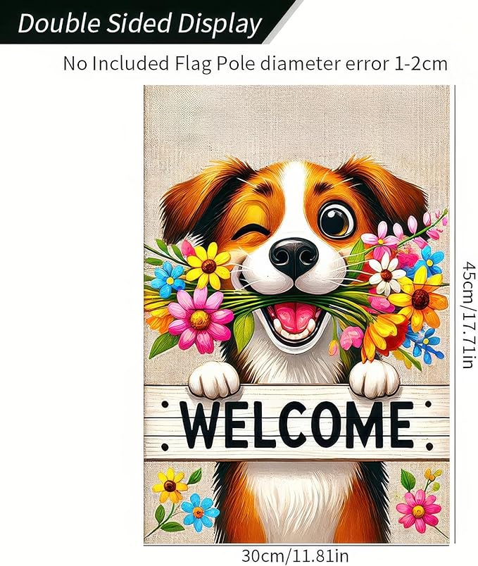 BlissYard Welcome Spring Summer Garden Flag 12x18 Inch Double Sided Welcome Happy Cute Puppy Dog Outdoor Garden Flag Flower House Seasonal Yard Outside House Decoration