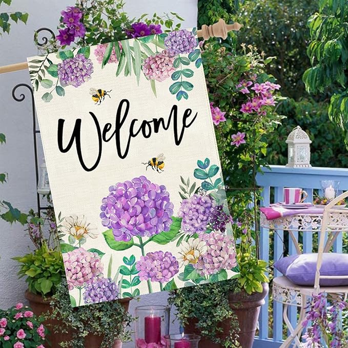Baccessor Spring Summer Hydrangea House Flag Double Sided 28x40 Inch, Purple Flower Floral Welcome House Flag Burlap Seasonal Farmhouse Yard Outdoor Decoration (Large)