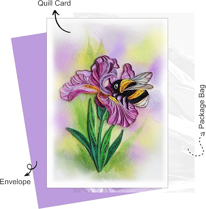 Mother's Day Card, Iris and Bumblebee Greeting Card, Animals Floral Card, Quilled Quilling Card for February Birthday, Get Well, Mothers Day, for Friend, Boss, Mom, Dad (Iris and Bumblebee)
