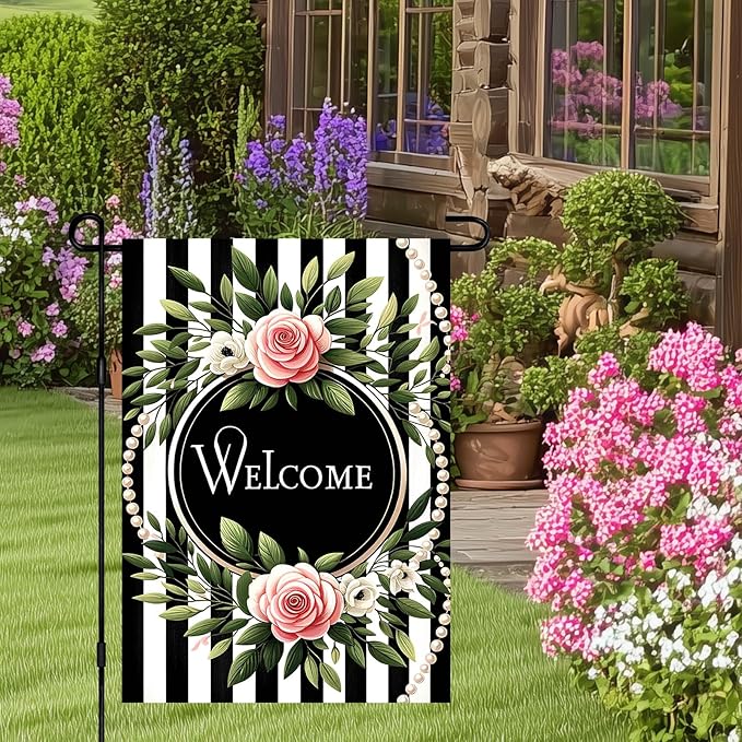 HOMETITUTE Welcome Garden Flag Spring Floral Yard Banner 12x18 Inch Double Sided Outdoor Decor with Pink Roses and Black and White Stripes for Farmhouse Patio Lawn Home Decoration