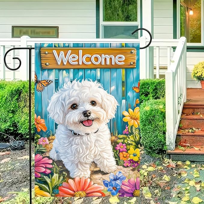 BlissYard Bichon Frise Welcome Garden Flag Double Sided 12x18 Inch Spring Summer Garden Flag Puppy Flower Butterfly Dog House Yard Lawn Outdoor Patio Decoration Banner