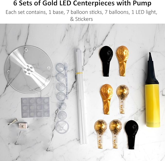 6 Set Balloon Stand Table Centerpieces with LED Lights for Party Decor, Balloons Centerpieces for Table, Balloon Stand Kit for Graduation Decorations 2025, Weddings, Birthday Decoration (Gold & Navy)