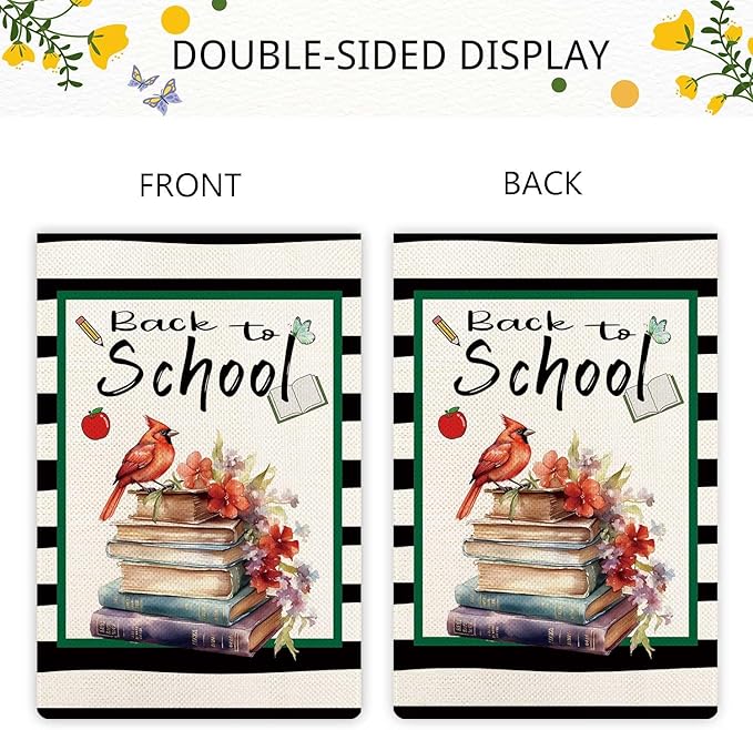 Jauageon Back to School Garden Flag Cardinal Books Garden Flag First Day of School Vertical Double Sided Rustic Farmland Burlap Yard Lawn Outdoor Decor 12.5x18"