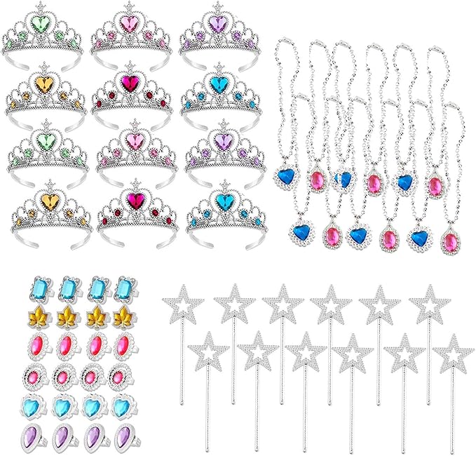 S & E TEACHER'S EDITION 60 Pcs Princess Pretend Play Dress Up Set 12 Crowns 12 Wands 24 Rings 12 Nacklaces Princess Jewelry Toys for girls Costume Party Accessories