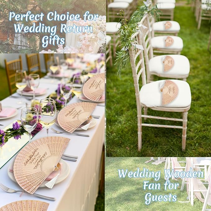 Personalized Wedding Fans for Guests Custom Wooden Folding Handheld Fans Bulk with Organza Bags Tassels for Wedding Graduation Party (200)