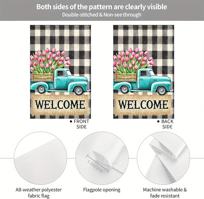 BlissYard Spring Garden Flag Spring Yard Flag Teal Truck with Tulips and Buffalo Plaid Backdrop Design Springs Garden Flags for Outside Double-Sided 12x18 Inches Welcome Yard Flags for Outdoor Decor