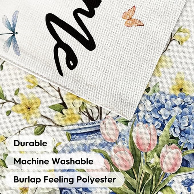 AVOIN colorlife Spring Summer Floral Welcome Garden Flag 12x18 Inch Double Sided Outside, Blue and White Chinoiserie Seasonal Yard Outdoor Flag