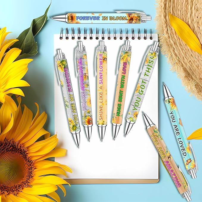 Sunflower Pens Set – Bright Sunshine -Themed Ballpoint Pens for Girls, Teachers, and Flower Lovers – Smooth Writing Stationery for School, Office, or Journaling – Thanksgiving Christmas New Year Gifts