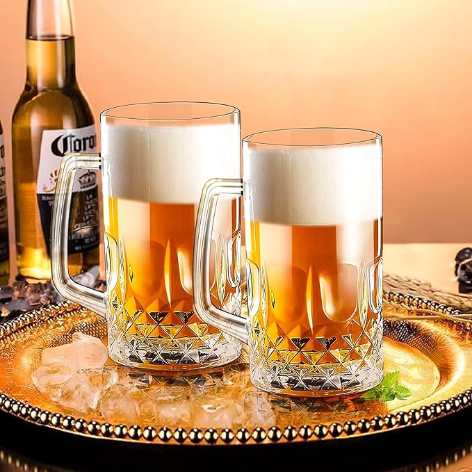 20 OZ Beer Stein Mugs, German Clear Large Tall Beer Glasses With Handle for Men, Set of 2