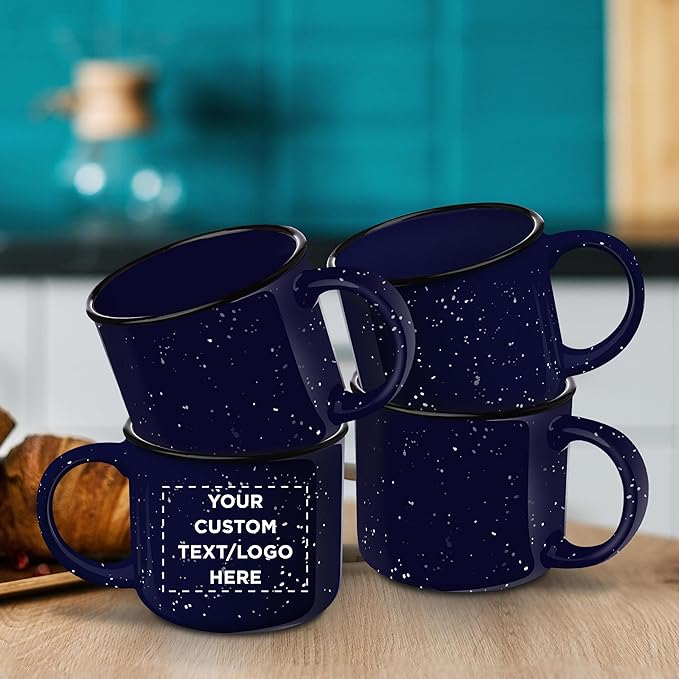 DISCOUNT PROMOS Custom Ceramic Campfire Coffee Mugs 13 oz. Set of 10, Personalized Bulk Pack - Perfect for Tea, Espresso, Cappuccino, Hot Cocoa - Blue