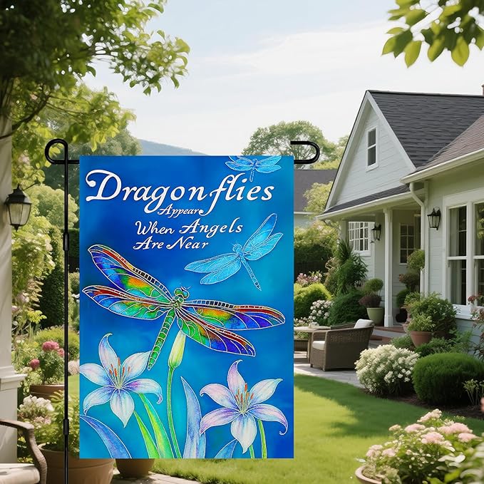 IVN Dragonfly Garden Flag 12x18 Inch Double Sided Blue Flower Outdoor Yard Flag for Home Front Door Lawn Porch Nature Decor