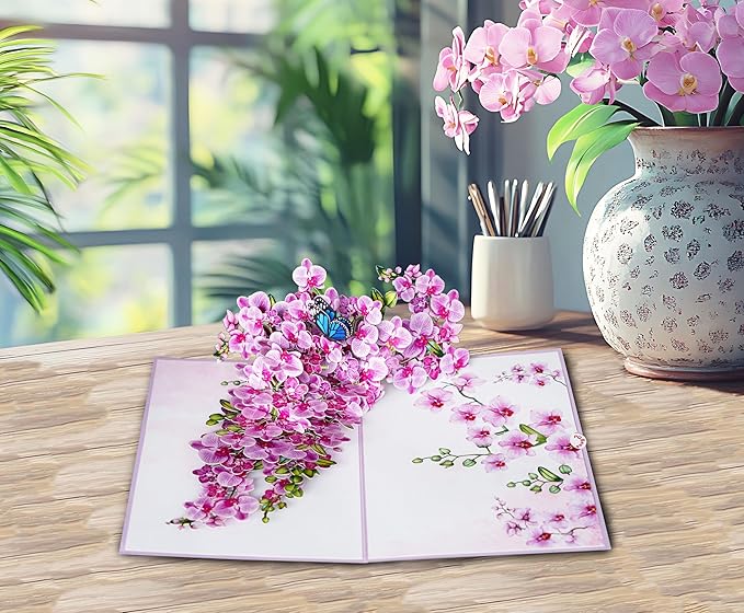 Orchid 3D Birthday Cards for Women, Mothers Day Cards, 6x8in Pop Up Gift Card for Mom, Wife, Her, Daughter, Sister, Grandma (Orchid Blossom 6x8).