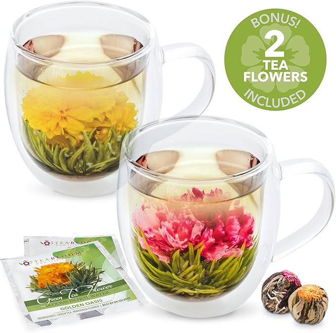 Teabloom Oversized Insulated Borosilicate Glass Mugs (17 oz / 500 ml) – Set Includes 2 Mugs + 2 Blooming Teas – Premium Quality Microwave Safe Glasses