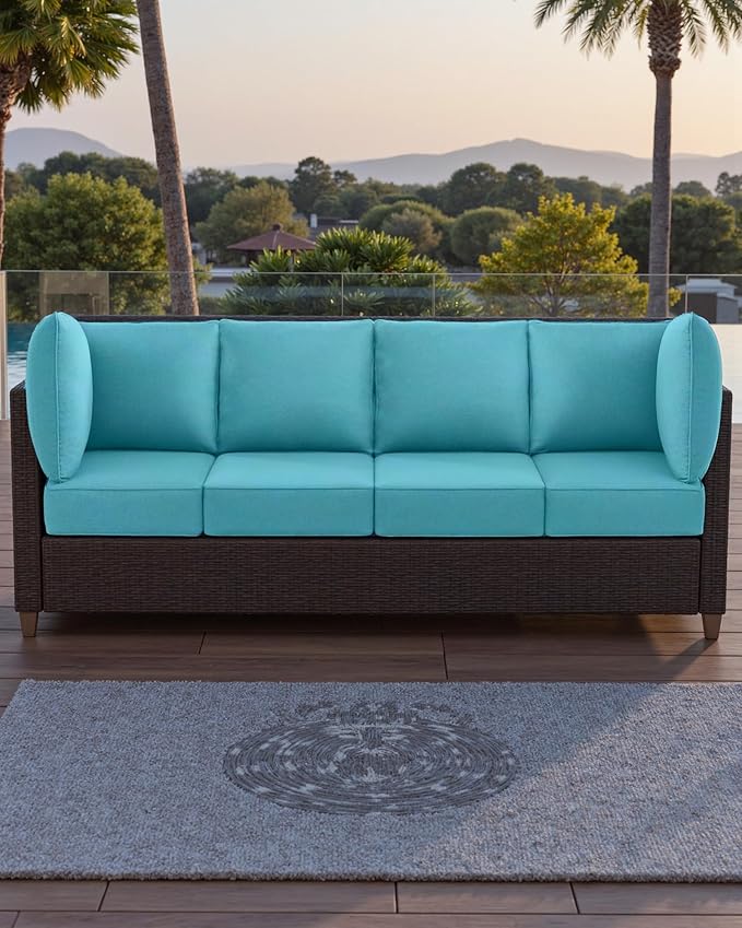 Luxury 24x24x6 Outdoor Chair Cushions Set of 4 - Water-Repellent 10-Piece Cushion Set for Outside Rattan Loveseat Chair Sectional L-Shape Sofa Patio Conversation Sets - Turquoise/Classic