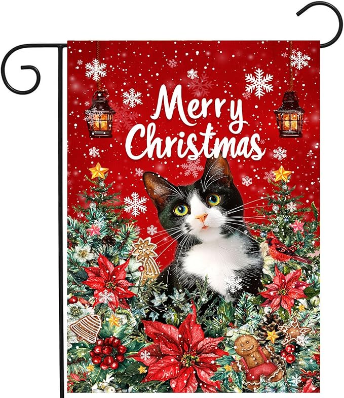 Christmas Cat Garden Flag Merry Christmas Tuxedo Cat Yard Flag for Outside Xmas Flags 12x18 Double Sided Red Poinsettia Garden Flags Winter Porch Outdoor Decor