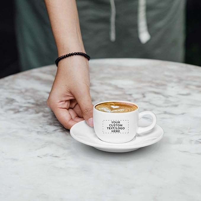 Custom Porcelain Espresso Cups with Saucer 2.5 oz. Set of 50, Personalized Bulk Pack - Perfect for Coffee, Tea, Espresso, Hot Cocoa, Other Beverages - White