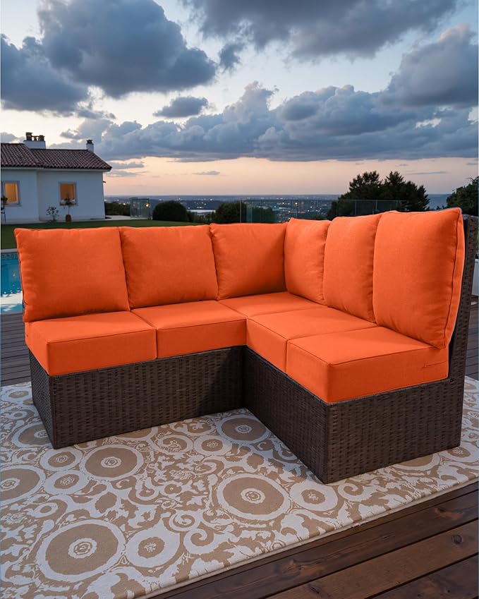Luxury 24x24x6 Outdoor Cushions for 5-Seat Sectional Sofa Set of 5 - Water-Repellent 11-Piece Patio Cushion Set for Outside Rattan Wicker Loveseat Chair L-Shape Couch - Orange/Classic