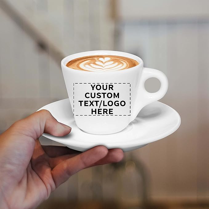 Custom Espresso Cups with Saucer 2.75 oz. Set of 100, Personalized Bulk Pack - Perfect for Espresso, Tea, Other Beverages - White