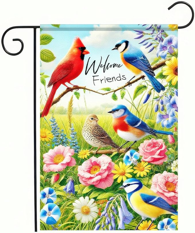BlissYard Welcome Friends Summer Spring Garden Flag Spring Cardinal Birds Flowers Butterfly Yard Flag Flowers Daisy Hummingbirds Decorative Garden Flag Banner for Outdoor Home Decor Party