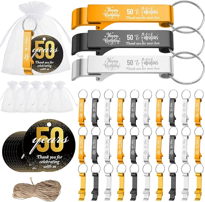 Dandat 54 Sets 50th Birthday Party Favors for Guests Birthday Beer Opener Keychain Cheers to 50 Bottle Opener Keychain with Thank You Cards and Gift Bags for Anniversary Wedding Party Favors