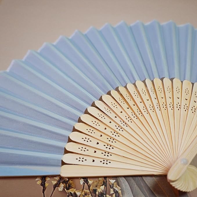 Personalized Engraved Silk Fans Folding Hand Fans with Organza Bags, 11Pcs Light Blue Summer Wedding Fans, Custom Imitated Silk-Bamboo Fans for Guests Wedding Party Favor Bridal Shower Gifts