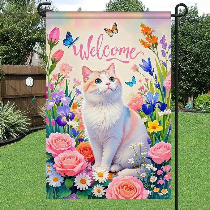 BlissYard Spring Garden Flag Spring Yard Flag Elegant Cat with Flowers and Butterflies Backdrop Design Double-Sided 12x18 Inches Welcome Yard Flag for Seasonal Outdoor Decor