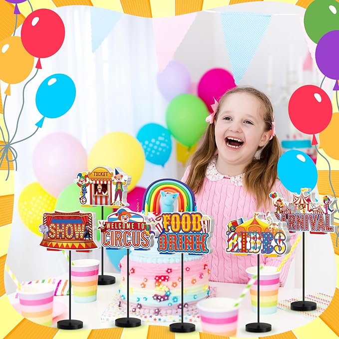 6 Pcs Carnival Party Decor Carnival Circus Decoration for Table Centerpieces Circus Birthday Wooden Standing Signs Tabletop Decor for Home Office Room Desk Party Supplies
