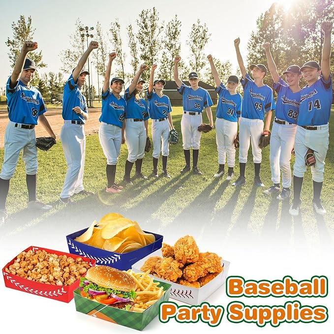 Teling 36 Pcs Baseball Theme Party Supplies Large 5 lb Baseball Plates Trays Food Boat Paper Softball Disposable Nacho Snack Serving Tray Dinner Plate for Softball Birthday Decorations Favor(4 Colors)