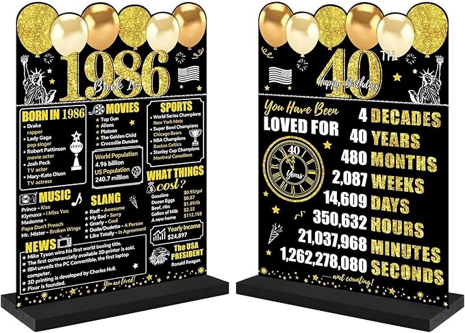 Black Gold 40th Birthday Decorations Gifts for Men Women, Two-Sided Vintage 40 Back in 1986 Theme Poster Wooden Table Sign with Stand, Forty Years Old Bday Centerpieces Holder for Table Decor